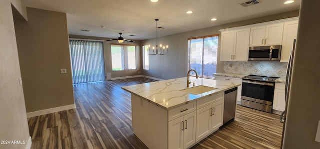 kitchen with an island with sink, white cabinetry, a wealth of natural light, sink, and stainless steel appliances