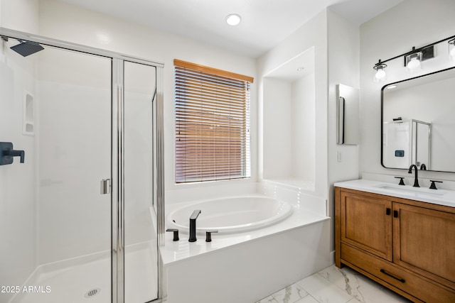 full bath with marble finish floor, vanity, a bath, and a stall shower
