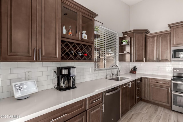 kitchen featuring light hardwood / wood-style floors, appliances with stainless steel finishes, tasteful backsplash, sink, and dark brown cabinetry