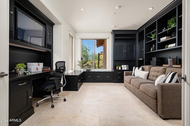 tiled office featuring built in desk