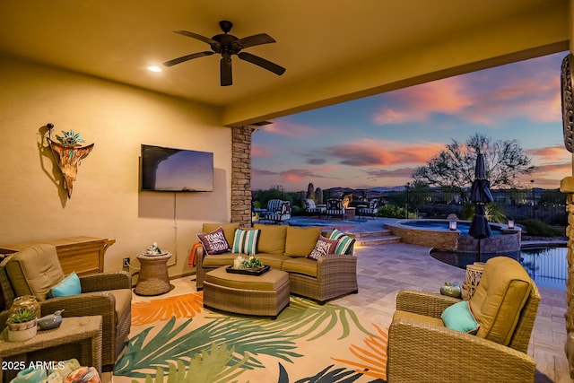 31108 N 122nd Ln, Peoria, AZ 85383 - view of patio / terrace with an outdoor living space, fence, ceiling fan, and a pool with connected hot tub