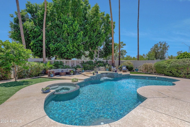 view of pool featuring an in ground hot tub, an outdoor hangout area, and a patio