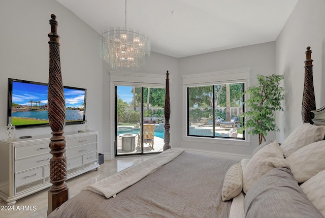 bedroom with access to outside, light tile patterned flooring, and an inviting chandelier