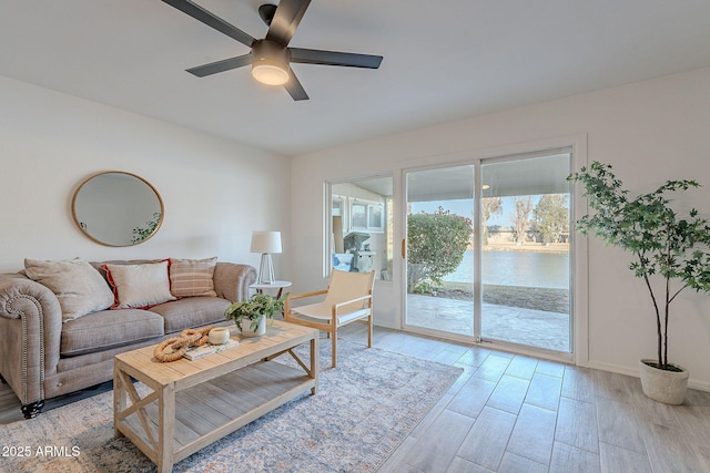 living room with ceiling fan and light wood-type flooring