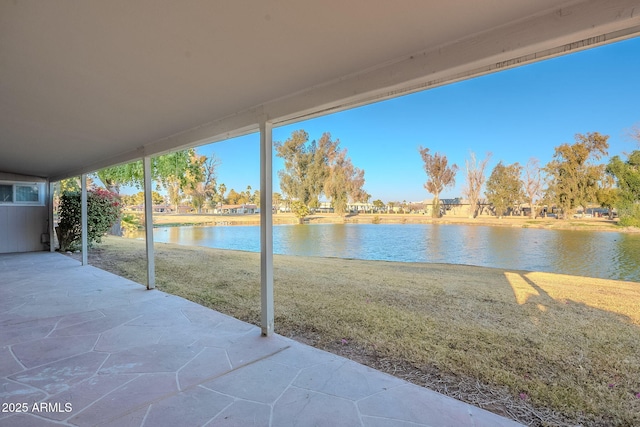 view of patio / terrace featuring a water view