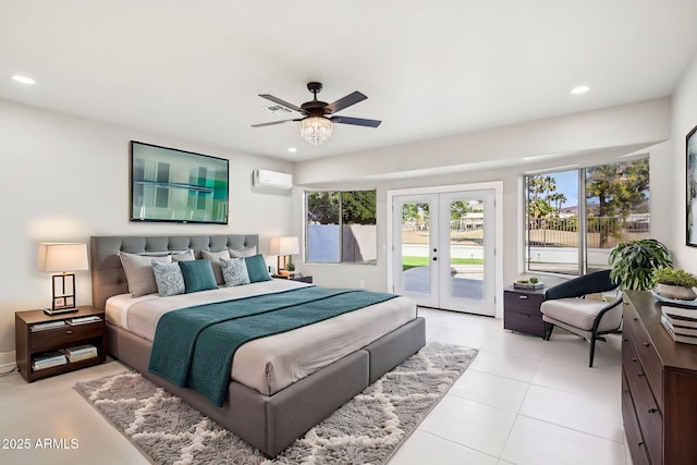 bedroom featuring french doors, an AC wall unit, ceiling fan, and access to outside