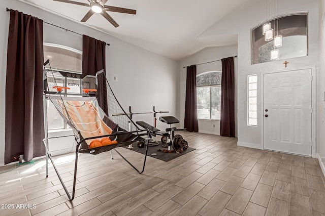 7725 S 47th Ln, Laveen, AZ 85339 - foyer with light wood-style flooring, a ceiling fan, lofted ceiling, and a chandelier