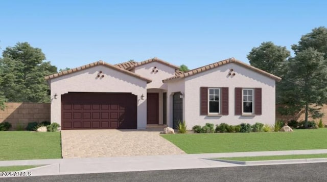 23244 W Tamarisk Ave, Buckeye, AZ 85326 - mediterranean / spanish-style home featuring an attached garage, driveway, stucco siding, and a tiled roof