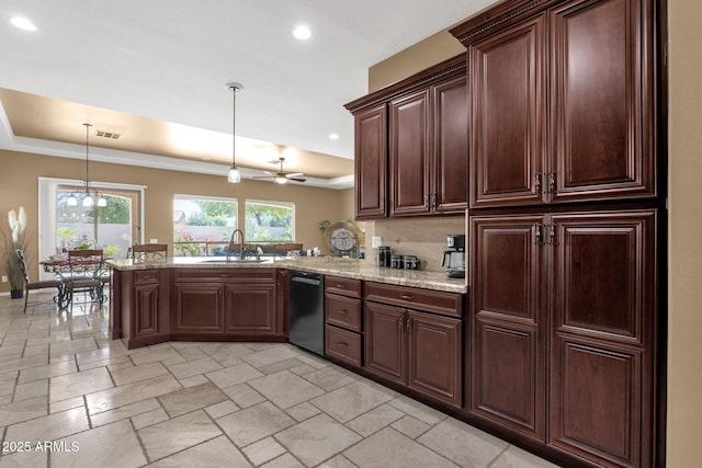 5342 S Citrus Ct, Gilbert, AZ 85298 - kitchen with dishwasher, a peninsula, a tray ceiling, a sink, and recessed lighting