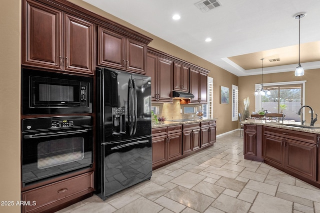 5342 S Citrus Ct, Gilbert, AZ 85298 - kitchen featuring black appliances, a sink, baseboards, backsplash, and hanging light fixtures