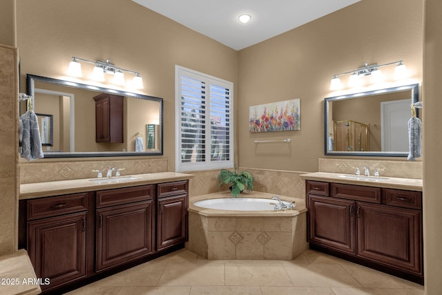 5342 S Citrus Ct, Gilbert, AZ 85298 - bathroom with two vanities, a bath, tile patterned floors, and tasteful backsplash