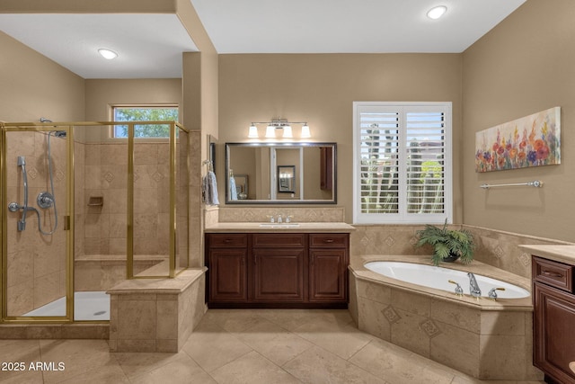 5342 S Citrus Ct, Gilbert, AZ 85298 - full bath with vanity, a garden tub, a stall shower, tile patterned flooring, and recessed lighting