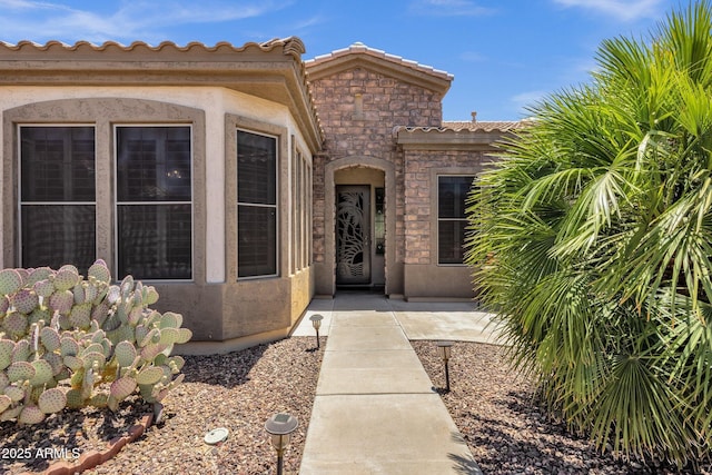 5342 S Citrus Ct, Gilbert, AZ 85298 - property entrance featuring stone siding, stucco siding, and a tile roof