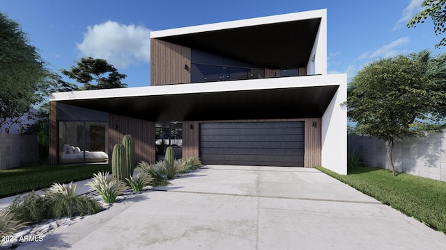 contemporary home featuring a carport, a garage, and a front yard