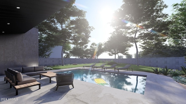 view of pool with an outdoor hangout area, a lawn, and a patio