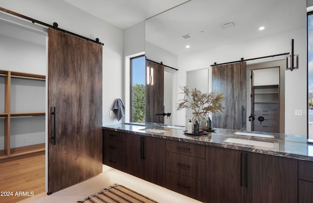 bathroom with vanity and hardwood / wood-style flooring