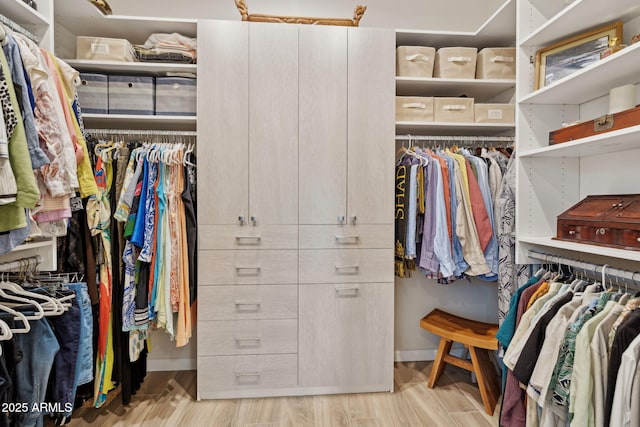 walk in closet with light wood-type flooring