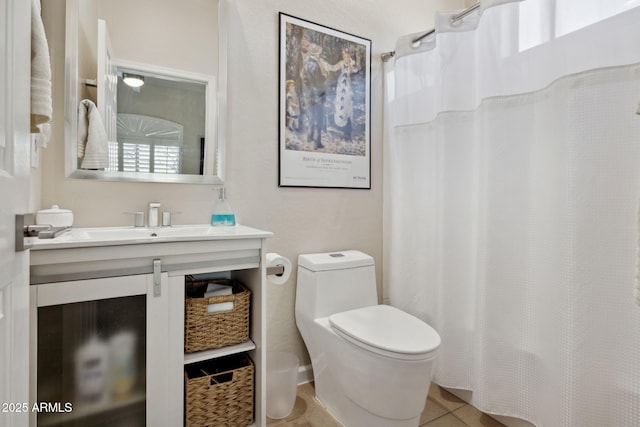 bathroom featuring a shower with curtain, tile patterned floors, toilet, and vanity