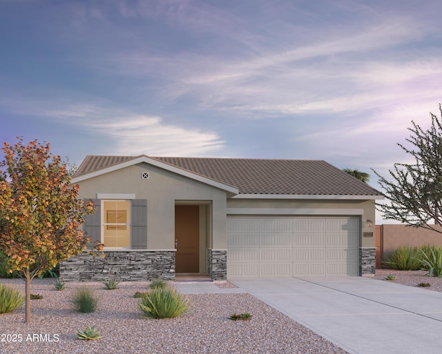 ranch-style home with an attached garage, a tile roof, stone siding, stucco siding, and concrete driveway