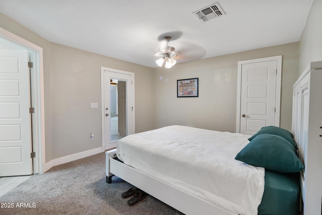 bedroom featuring ceiling fan, carpet floors, and access to outside