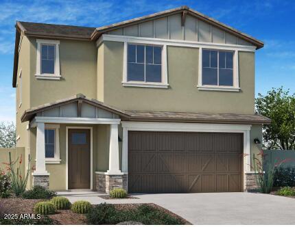 craftsman house featuring stucco siding, driveway, stone siding, board and batten siding, and an attached garage