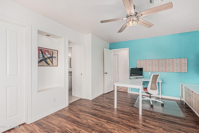9035 W Villa Chula, Peoria, AZ 85383 - home office featuring a ceiling fan, baseboards, visible vents, and wood finished floors