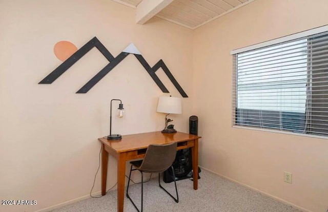 2868 Park Cir Unit 38, Pinetop, AZ 85935 - home office featuring beam ceiling, wooden ceiling, and light colored carpet