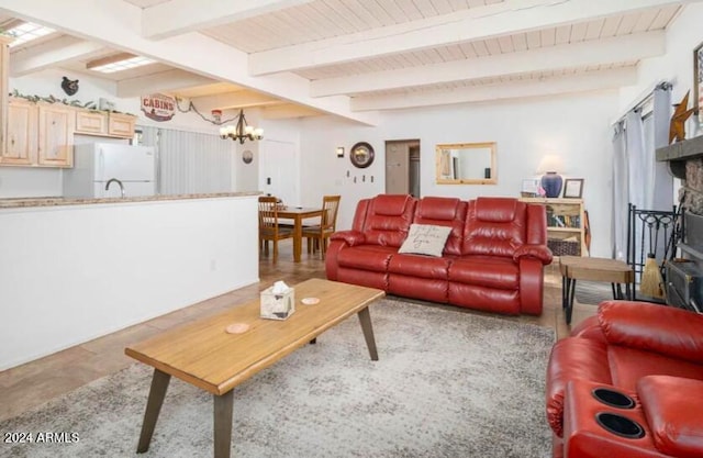 2868 Park Cir Unit 38, Pinetop, AZ 85935 - living room with a notable chandelier, beamed ceiling, and a fireplace