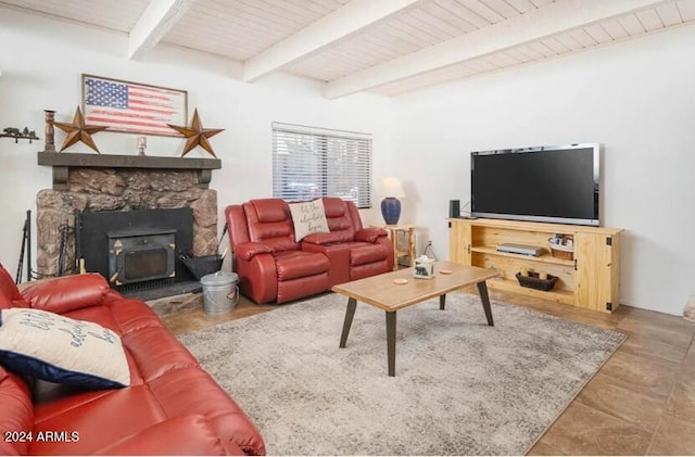 2868 Park Cir Unit 38, Pinetop, AZ 85935 - living room featuring beam ceiling, a wood stove, and wood ceiling