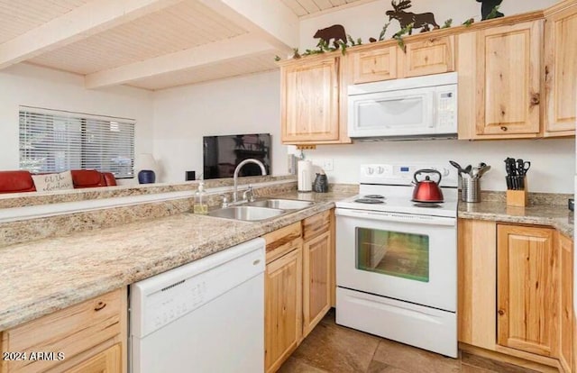 2868 Park Cir Unit 38, Pinetop, AZ 85935 - kitchen featuring light brown cabinets, beam ceiling, sink, light stone countertops, and white appliances