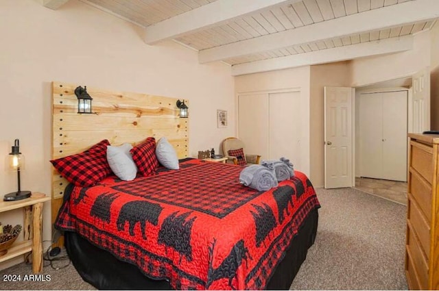 2868 Park Cir Unit 38, Pinetop, AZ 85935 - bedroom with a closet, beam ceiling, wooden ceiling, and carpet floors