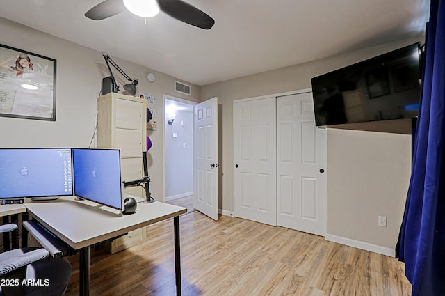 home office with ceiling fan and light hardwood / wood-style floors