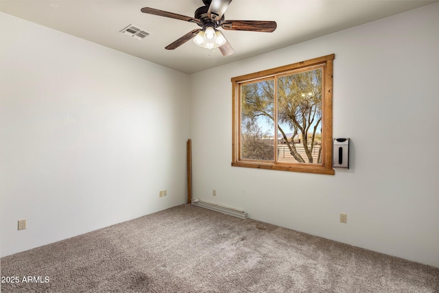 unfurnished room with carpet flooring, visible vents, and ceiling fan