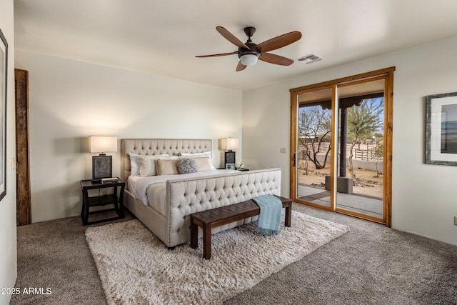 carpeted bedroom with visible vents, ceiling fan, and access to outside