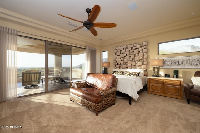 bedroom featuring light carpet, access to outside, and ceiling fan