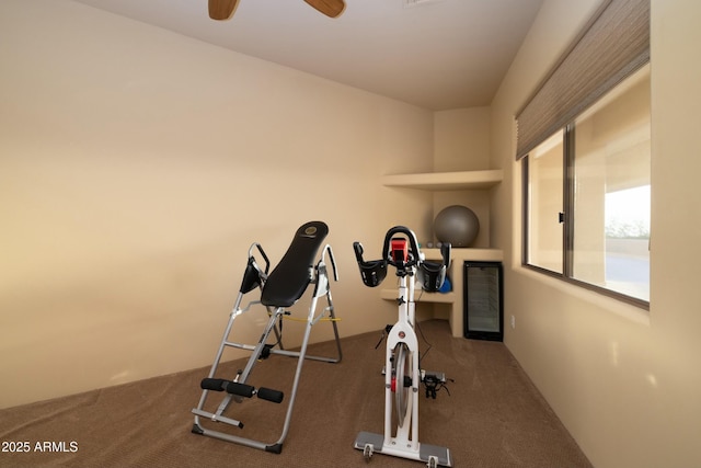 exercise room featuring carpet floors and ceiling fan