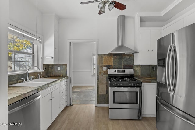 kitchen featuring white cabinets, wall chimney range hood, sink, tasteful backsplash, and stainless steel appliances