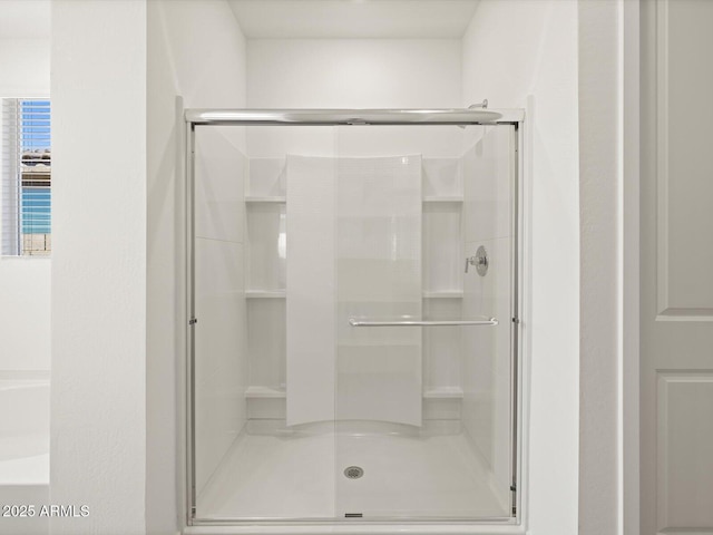 bathroom featuring a shower with door