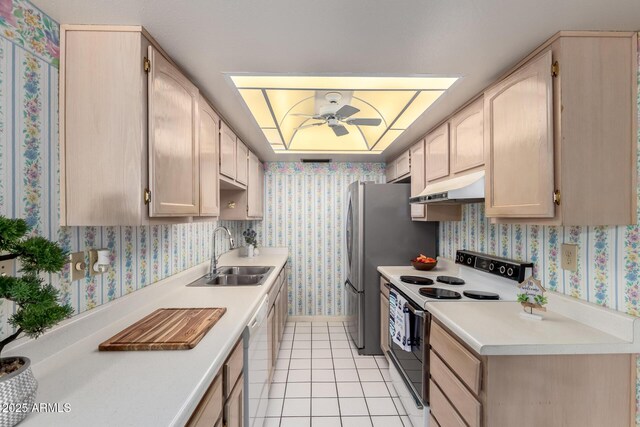 2442 N 22nd Ave, Phoenix, AZ 85009 - kitchen with range with electric stovetop, a sink, under cabinet range hood, wallpapered walls, and a ceiling fan