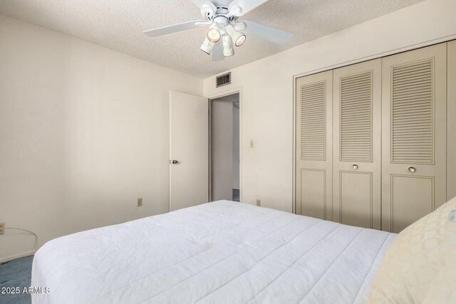 2442 N 22nd Ave, Phoenix, AZ 85009 - bedroom featuring a closet, a textured ceiling, a ceiling fan, and carpet flooring