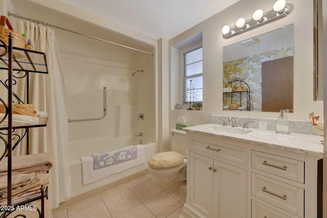 full bathroom with vanity, shower / tub combo, tile patterned floors, and toilet