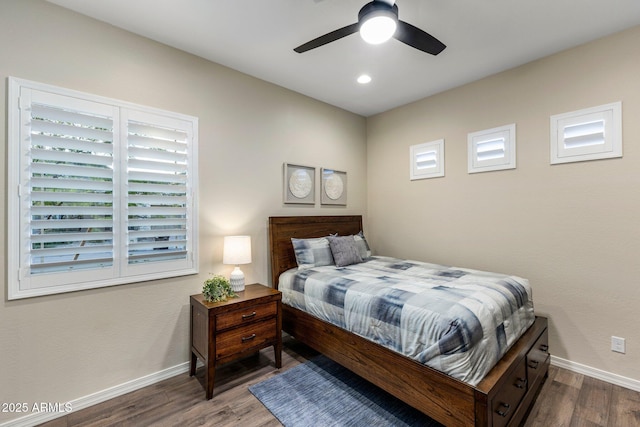 bedroom with recessed lighting, baseboards, a ceiling fan, and wood finished floors
