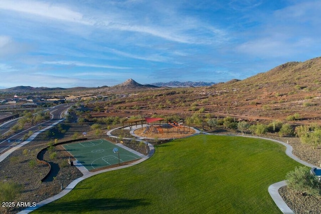 birds eye view of property with a mountain view