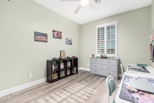 home office featuring ceiling fan and light wood-type flooring