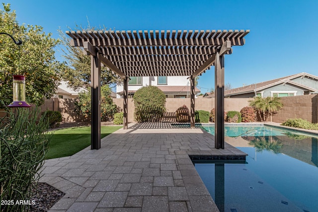 view of patio with a fenced in pool and a pergola