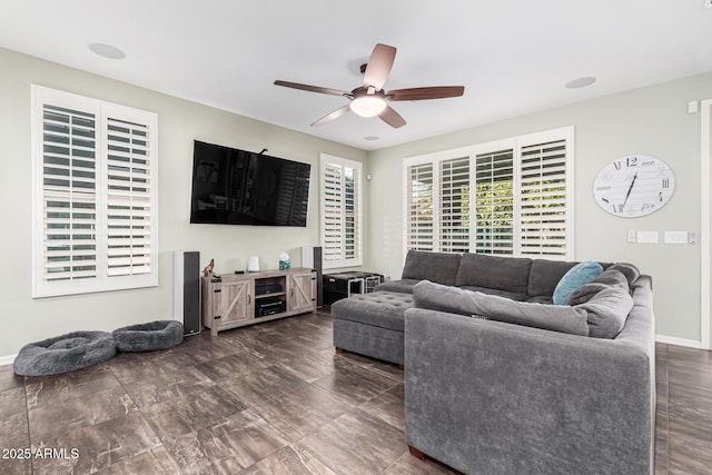 living room with ceiling fan