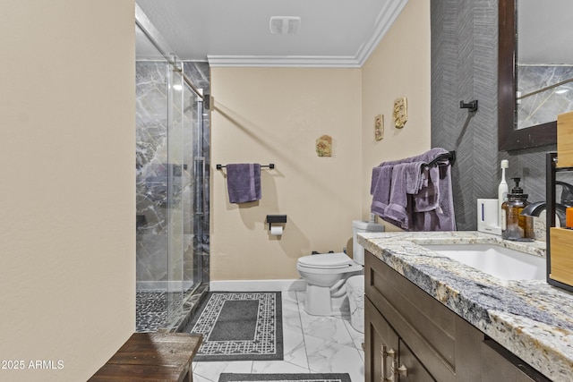 19239 W Elm St, Litchfield Park, AZ 85340 - bathroom with vanity, marble look tile flooring, crown molding, and a stall shower