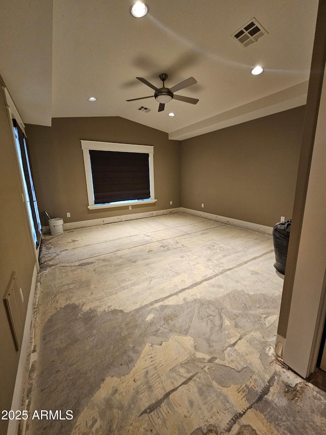 interior space with lofted ceiling and ceiling fan