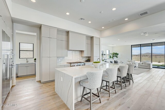 kitchen featuring decorative backsplash, light stone countertops, a center island with sink, light hardwood / wood-style floors, and gray cabinetry