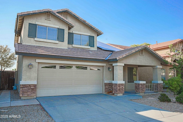 20722 N 38th St, Phoenix, AZ 85050 - view of front facade featuring stone siding, a porch, stucco siding, a garage, and concrete driveway
